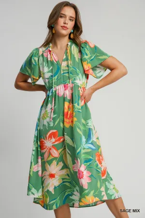 Sage Green Mixed Floral Print Midi Dress