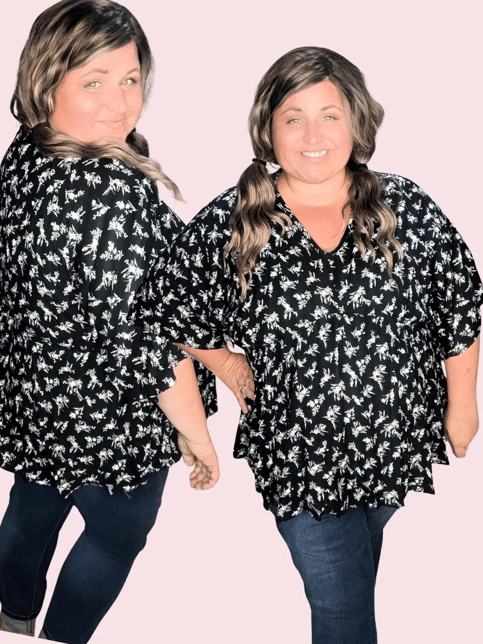 SALE- Moira Kimono Sleeve Shaping Top in Black   White Floral