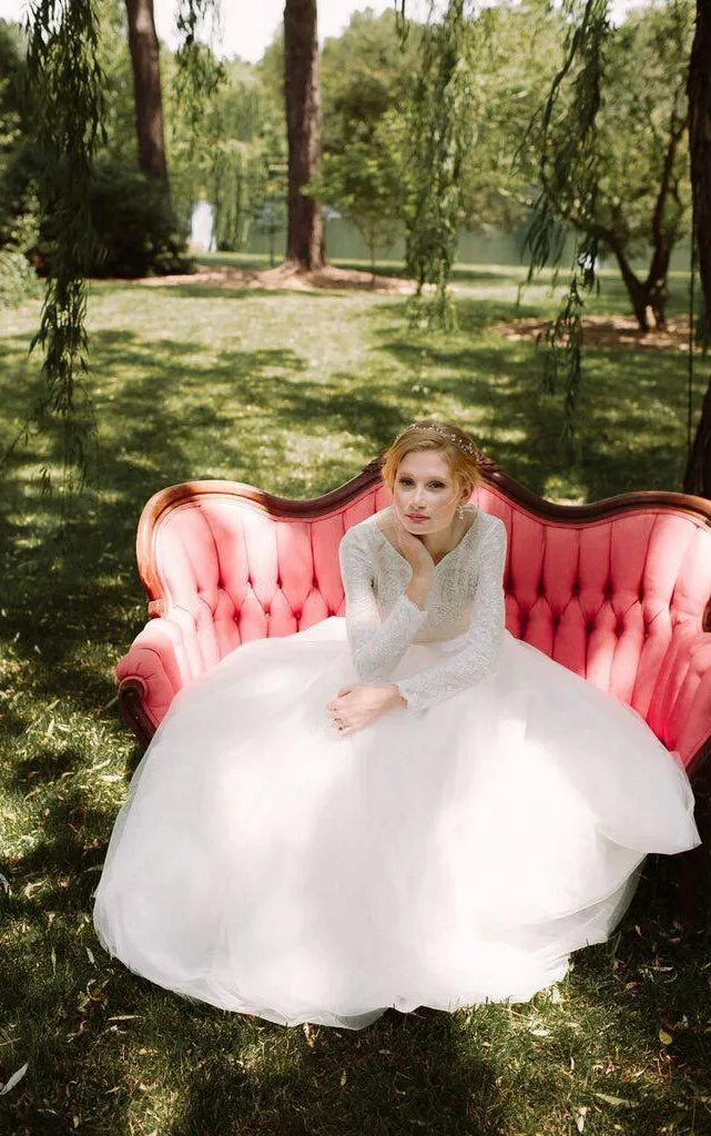 Scoop Long Sleeve Tulle Dress With Lace Top-712115