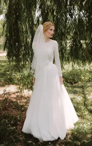 Scoop Long Sleeve Tulle Dress With Lace Top-712115