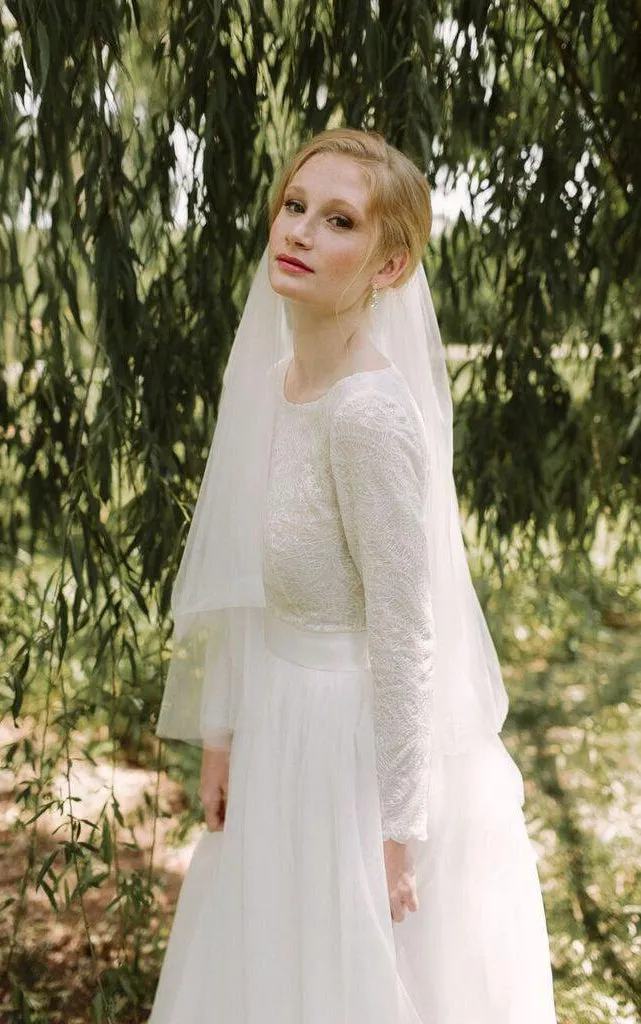 Scoop Long Sleeve Tulle Dress With Lace Top-712115