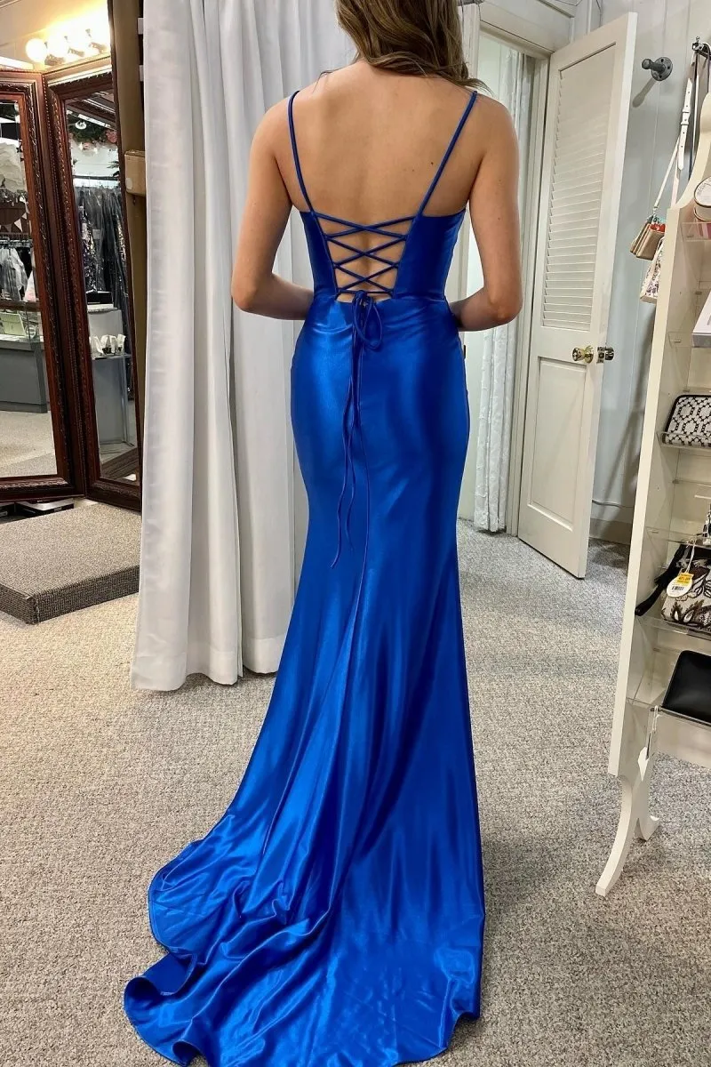 Scoop Neck Lace-Up Pleated Mermaid Gown