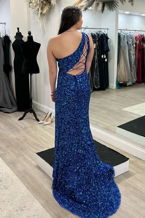 Sequin Prom Dresses 2025 Long One Shouder Evening Dress Royal Blue