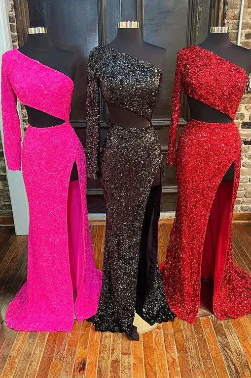 Sequins One-Sleeve Black Formal Dresses Cutout Long Prom Dress with Slit