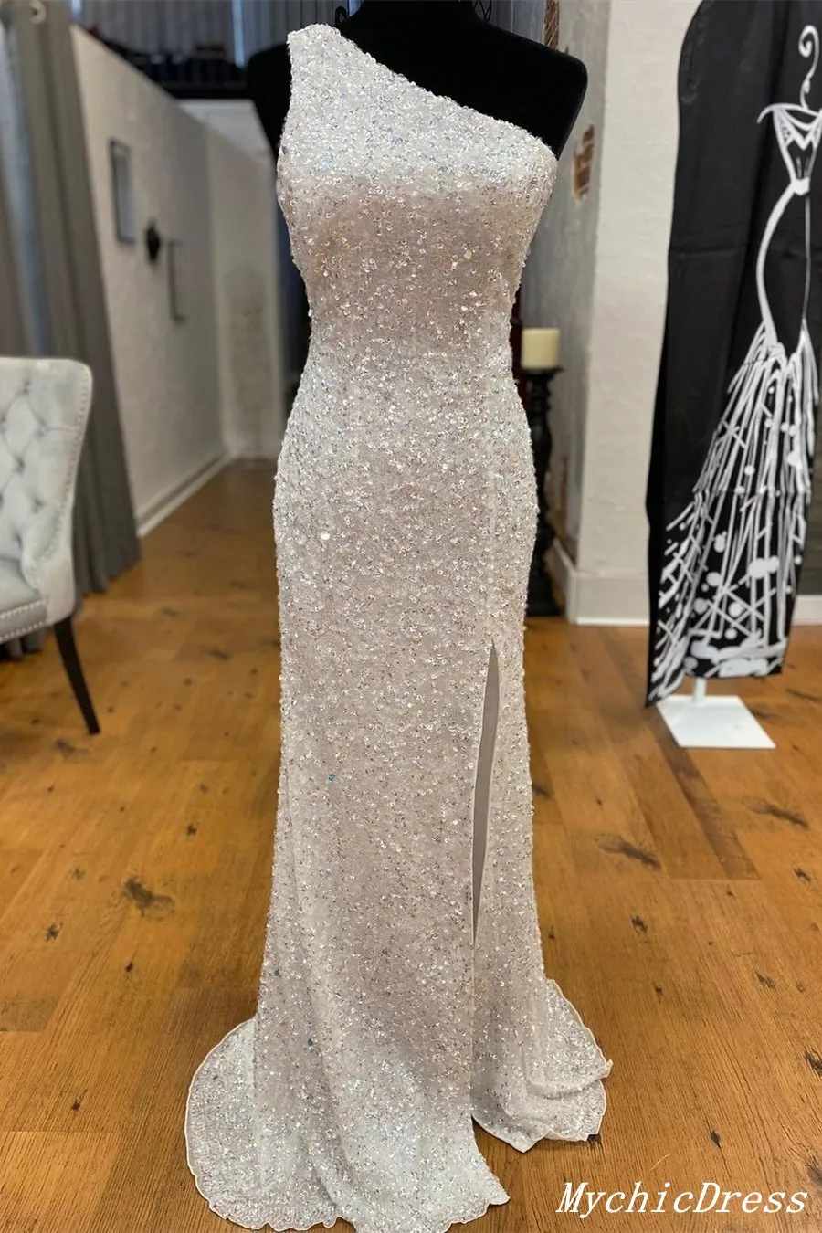Sequins Prom Dresses 2024 One Shoulder Long Evening Dresses with Split