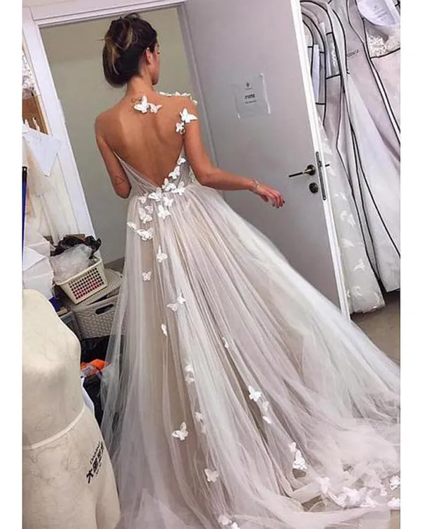 Sexy Backless Tulle Wedding Dress with Butterflies A-line Bridal Wedding Gowns Real Photos