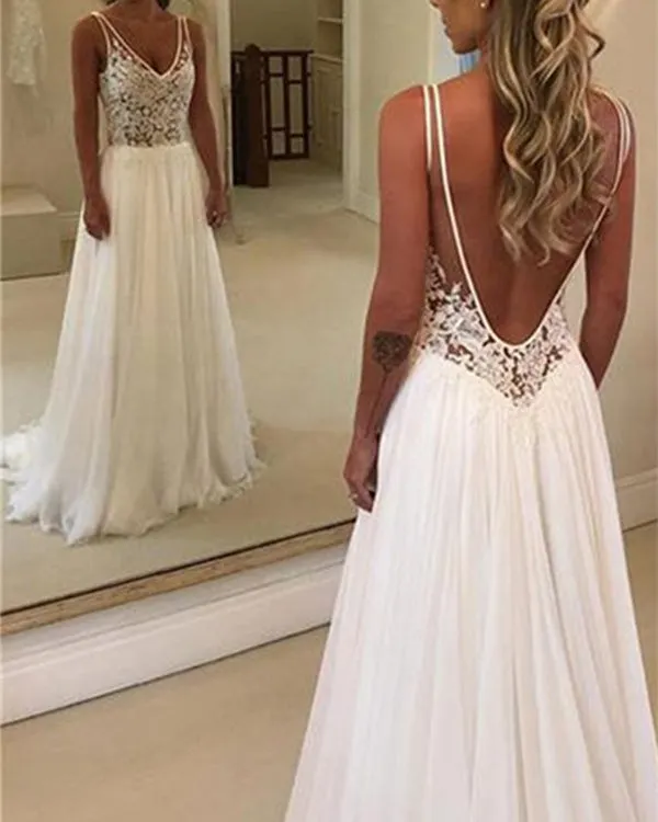 Sexy Beach Wedding Dresses Illusion Lace Appliques V-Neck A Line Backless Bohemian Bridal Gown