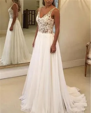 Sexy Beach Wedding Dresses Illusion Lace Appliques V-Neck A Line Backless Bohemian Bridal Gown