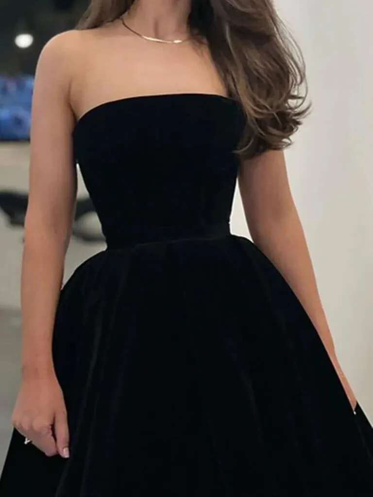 Sexy Black Velvet Wedding Guest Dress Strapless Knee Length Prom Dresses Short