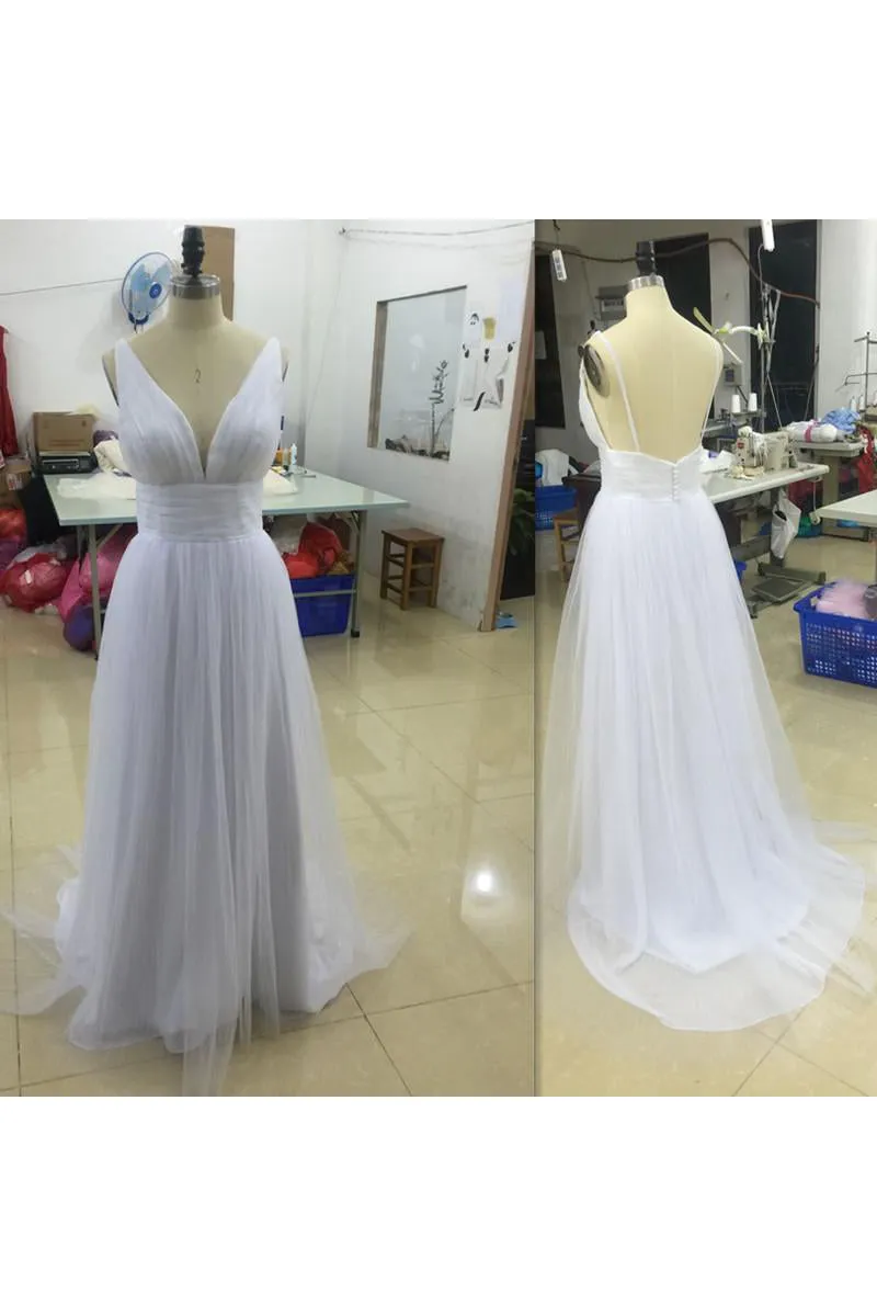 Sexy Deep V Neck Backless Spaghetti Straps A Line Beach Tulle Wedding Dress-715343