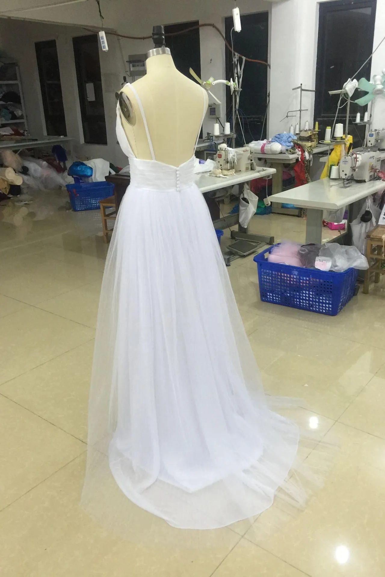 Sexy Deep V Neck Backless Spaghetti Straps A Line Beach Tulle Wedding Dress-715343