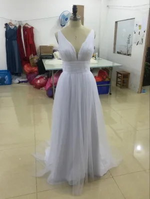 Sexy Deep V Neck Backless Spaghetti Straps A Line Beach Tulle Wedding Dress-715343
