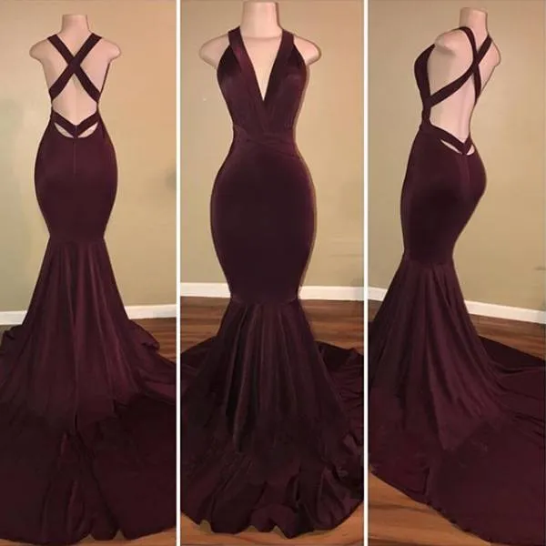 Sexy Deep V Neck Mermaid Velvet Burgundy Prom Dresses
