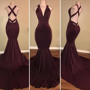 Sexy Deep V Neck Mermaid Velvet Burgundy Prom Dresses