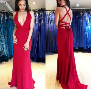 Sexy Halter Backless Lace Red Prom Dresses