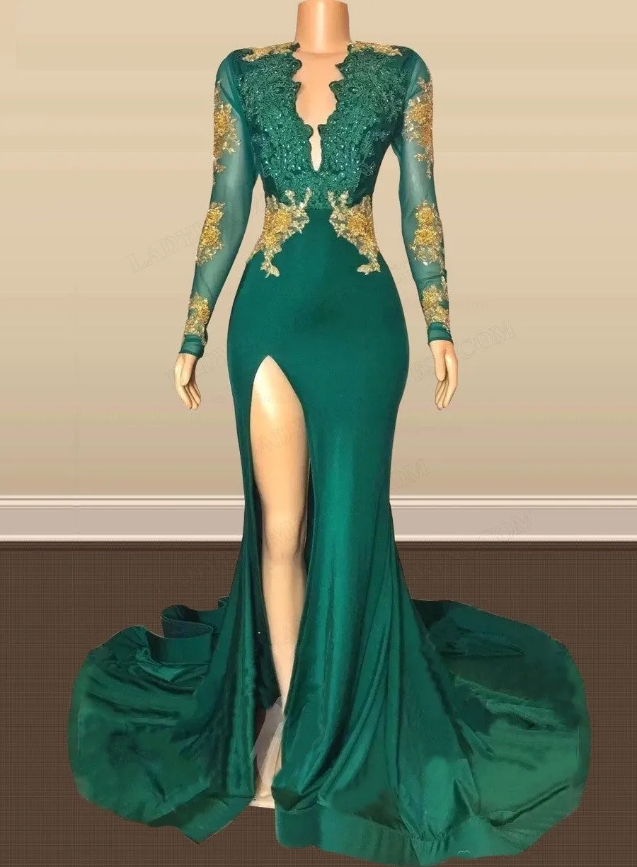 Sexy Long Sleeves Emerald Green Prom Dresses On Sale Open Back Side Slit