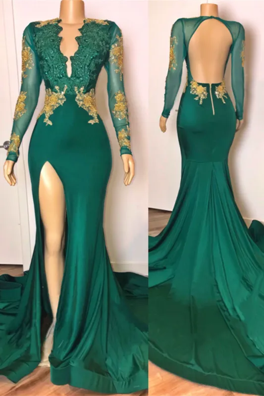 Sexy Long Sleeves Emerald Green Prom Dresses On Sale Open Back Side Slit