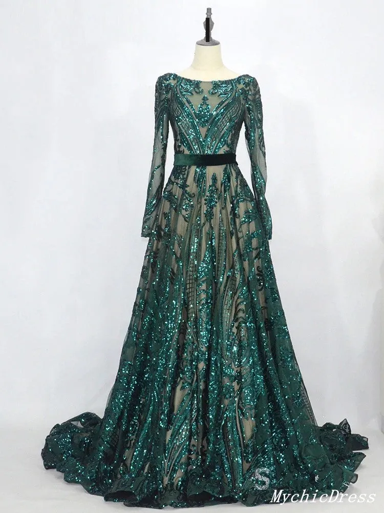 Sexy Long Sleeves Green Lace Prom Dresses Open back