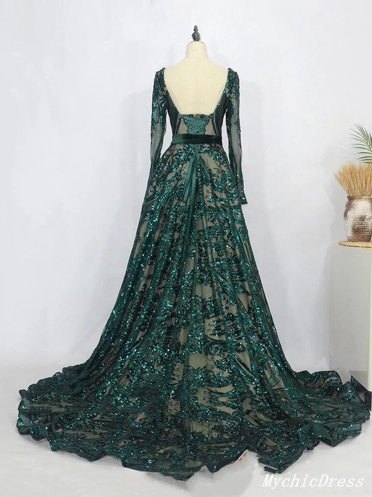 Sexy Long Sleeves Green Lace Prom Dresses Open back