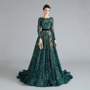 Sexy Long Sleeves Green Lace Prom Dresses Open back