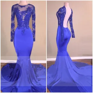 Sexy Long-Sleeves Mermaid Backless Royal-Blue Prom Dresses