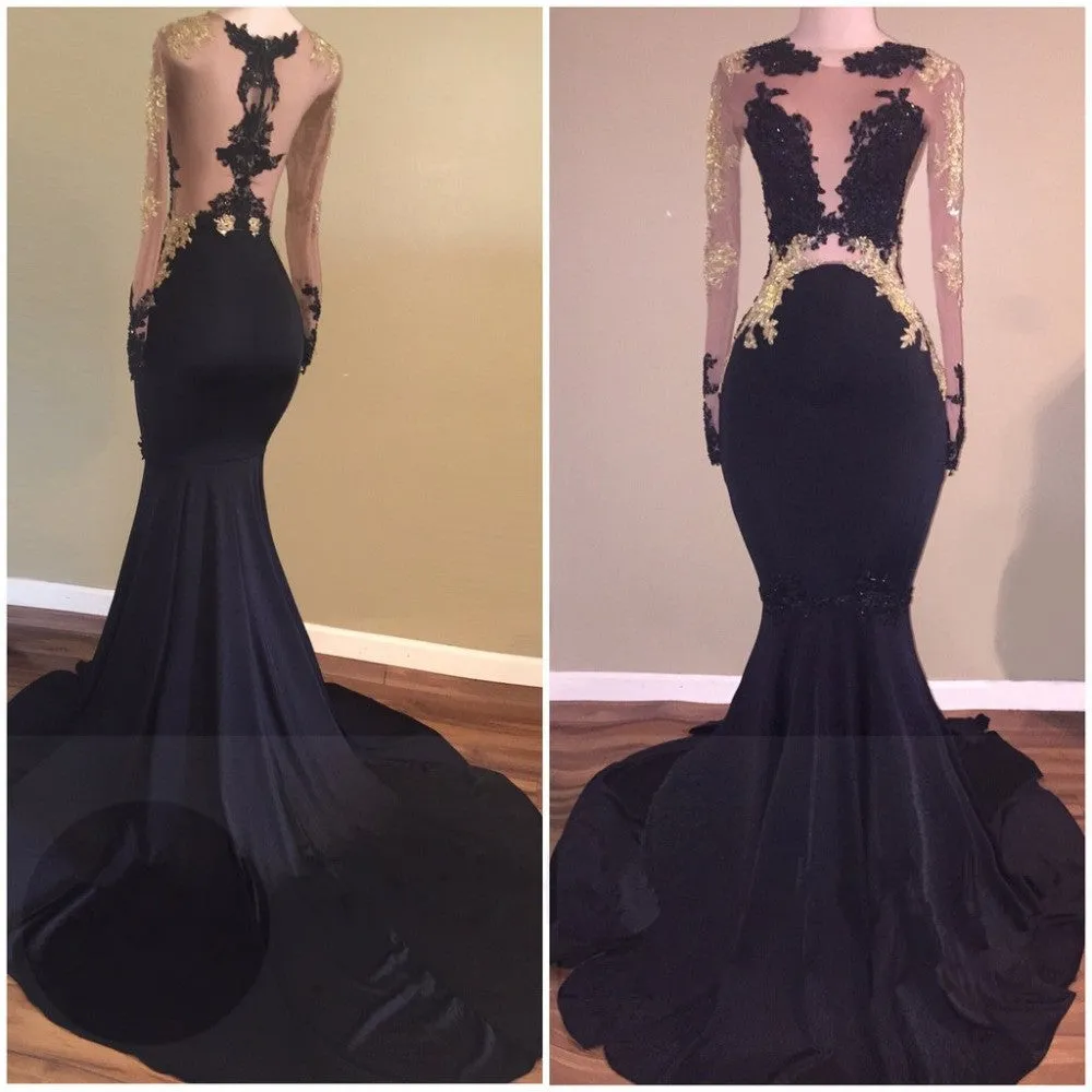 Sexy Mermaid Lace Black Gold Prom Dresses