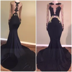 Sexy Mermaid Lace Black Gold Prom Dresses