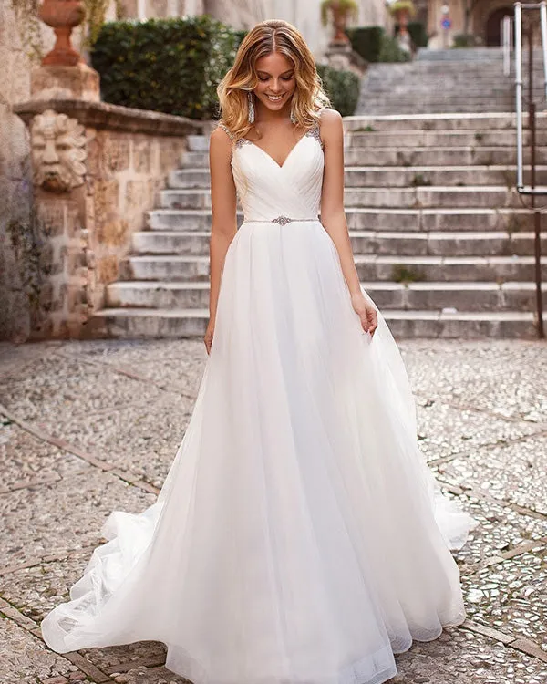 Sexy Organza A-line Wedding Dress Beaded Spaghetti Straps V-Neck Backless Long Wedding Gown