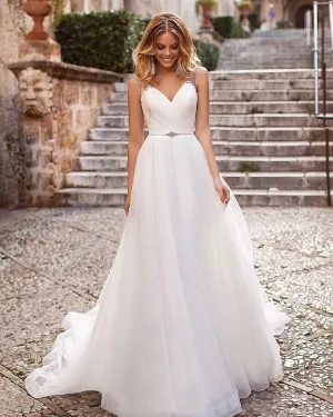 Sexy Organza A-line Wedding Dress Beaded Spaghetti Straps V-Neck Backless Long Wedding Gown