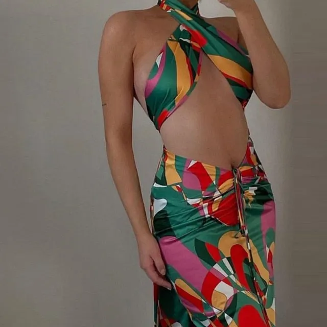 Sexy Print Two Piece Boho Outfit Halter Bandage Tank And Ruched Drawstring Midi Skirt