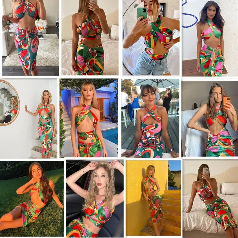 Sexy Print Two Piece Boho Outfit Halter Bandage Tank And Ruched Drawstring Midi Skirt
