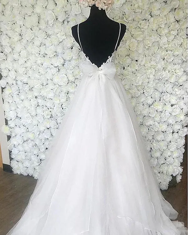 Sexy Spaghetti Straps A-line Organza & Tulle Wedding Dress With Belt Bohemian Bridal Gown Illusion Bodice