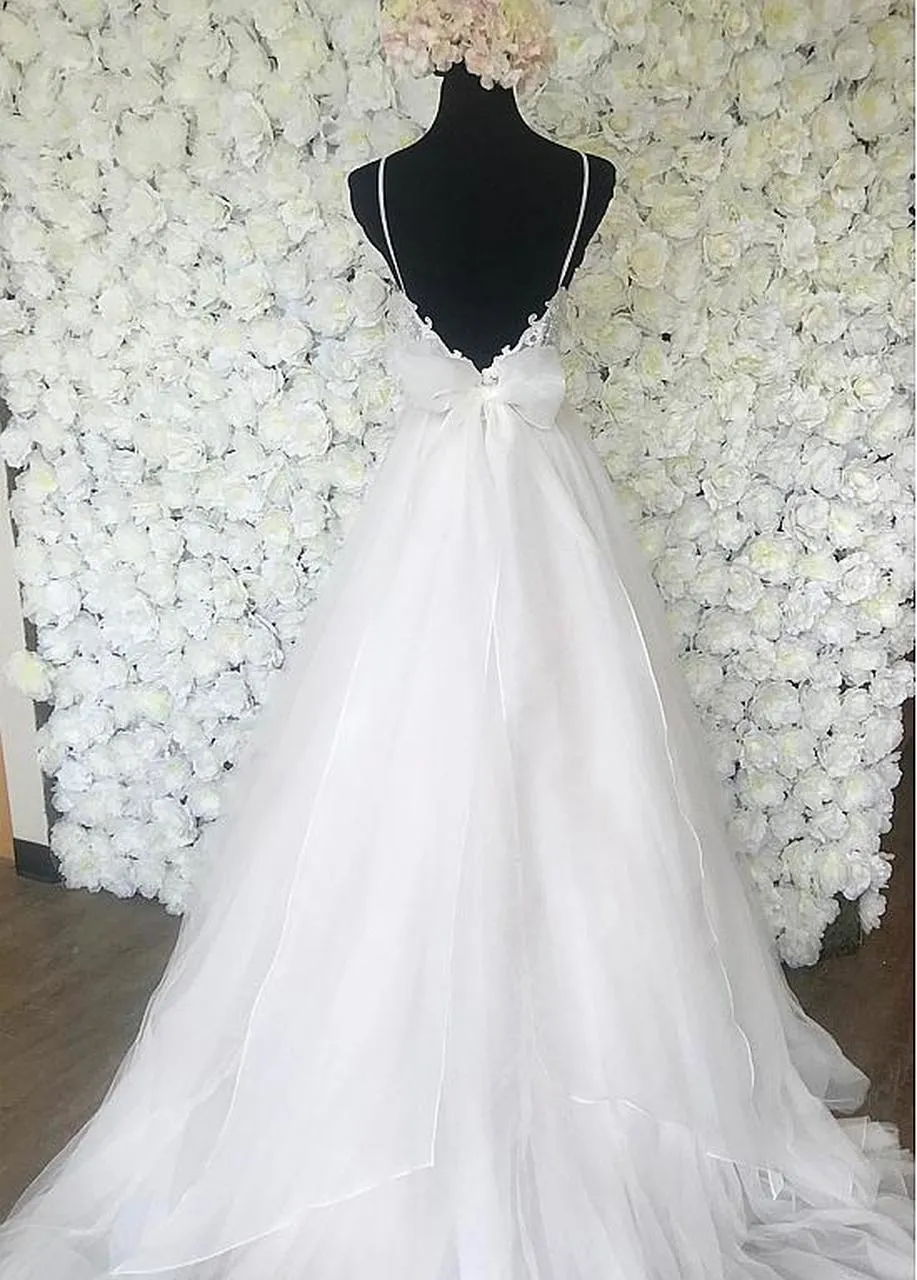 Sexy Spaghetti Straps A-line Organza & Tulle Wedding Dress With Belt Bohemian Bridal Gown Illusion Bodice