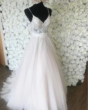 Sexy Spaghetti Straps A-line Organza & Tulle Wedding Dress With Belt Bohemian Bridal Gown Illusion Bodice