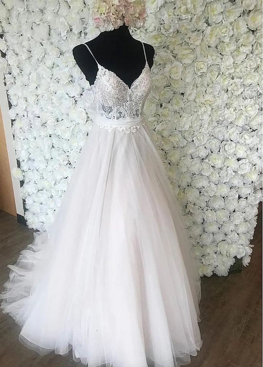 Sexy Spaghetti Straps A-line Organza & Tulle Wedding Dress With Belt Bohemian Bridal Gown Illusion Bodice