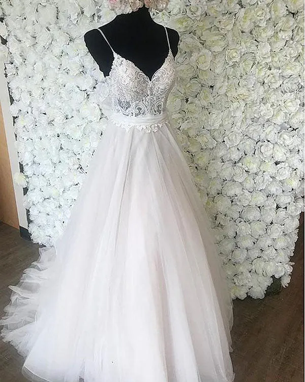 Sexy Spaghetti Straps A-line Organza & Tulle Wedding Dress With Belt Bohemian Bridal Gown Illusion Bodice