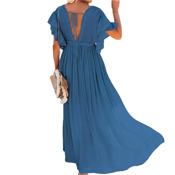 Sexy V Neck Bikini Cover-ups Long White Tunic Casual Summer BeachDress
