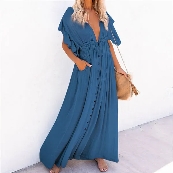 Sexy V Neck Bikini Cover-ups Long White Tunic Casual Summer BeachDress