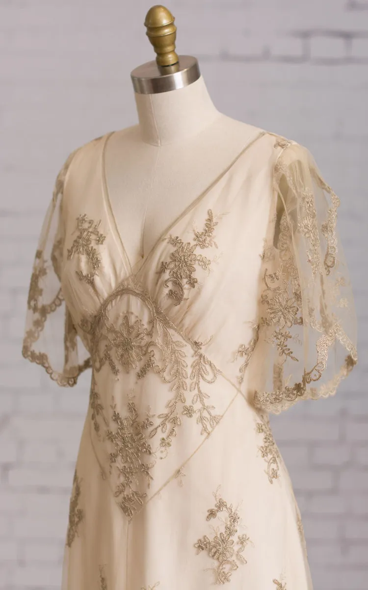 Sheath Butterfly Sleeves V Back Embroidery Brush Train Dress-704167