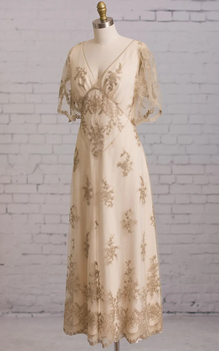 Sheath Butterfly Sleeves V Back Embroidery Brush Train Dress-704167