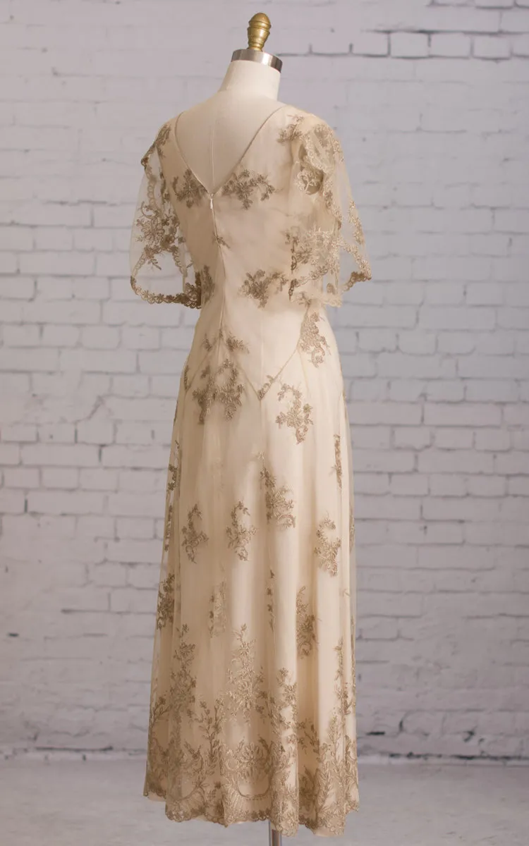 Sheath Butterfly Sleeves V Back Embroidery Brush Train Dress-704167