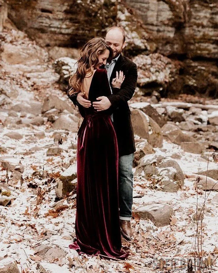 Sheath Long Sleeves V-back Long Burgundy Velvet Bridesmaid Dresses, BD1062