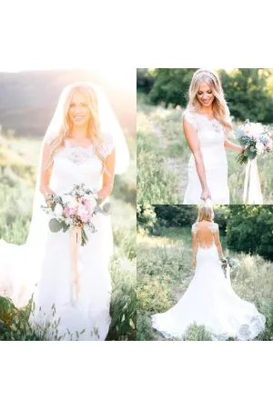 Sheer Crew Neck Garden Mermaid Boho Lace Bodice Appliques Backless Elegant Bridal Gown-715328