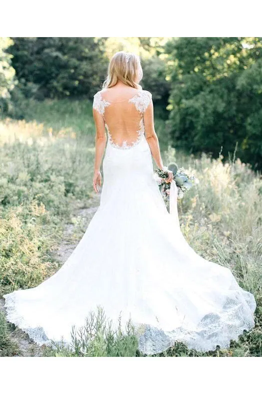 Sheer Crew Neck Garden Mermaid Boho Lace Bodice Appliques Backless Elegant Bridal Gown-715328