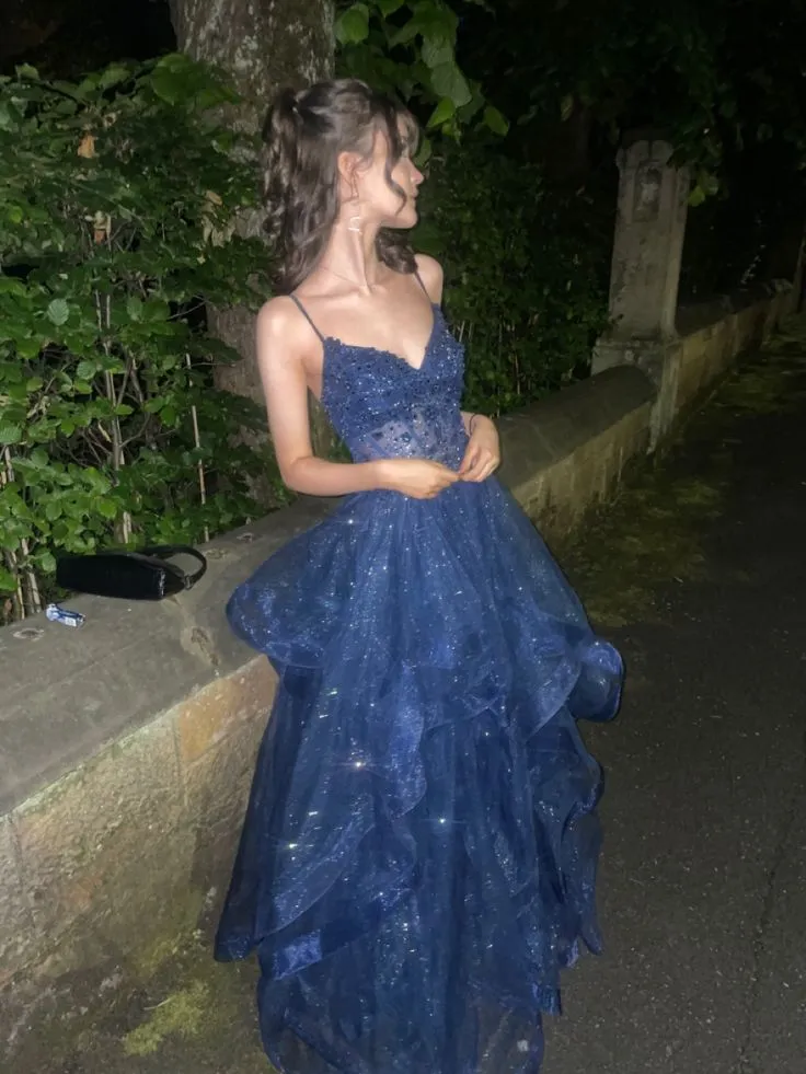 Shiny Navy Blue Spaghetti Straps A-Line Long Prom Dresses Birthday Dresses, D1070