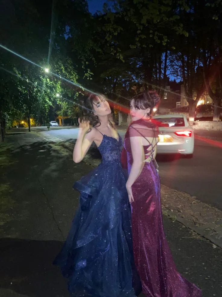 Shiny Navy Blue Spaghetti Straps A-Line Long Prom Dresses Birthday Dresses, D1070