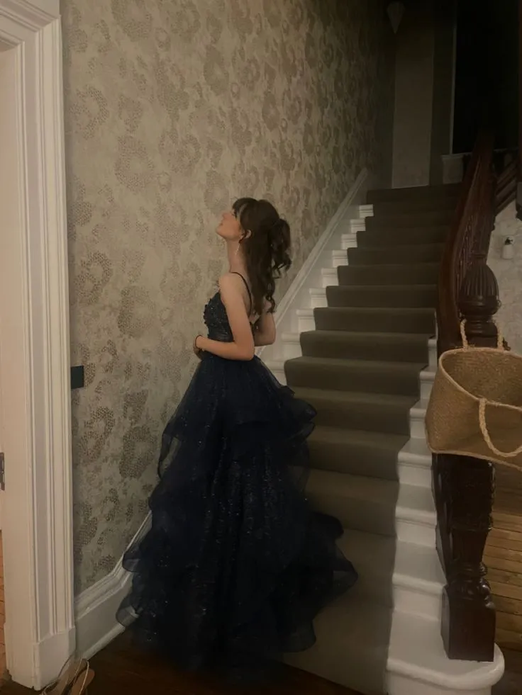 Shiny Navy Blue Spaghetti Straps A-Line Long Prom Dresses Birthday Dresses, D1070