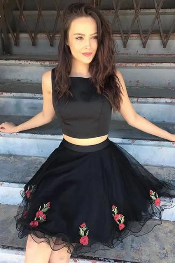 Short Black High-Neck Floral-Print Party Dress,Homecoming Dress,Short Prom Dresses,BDY0152