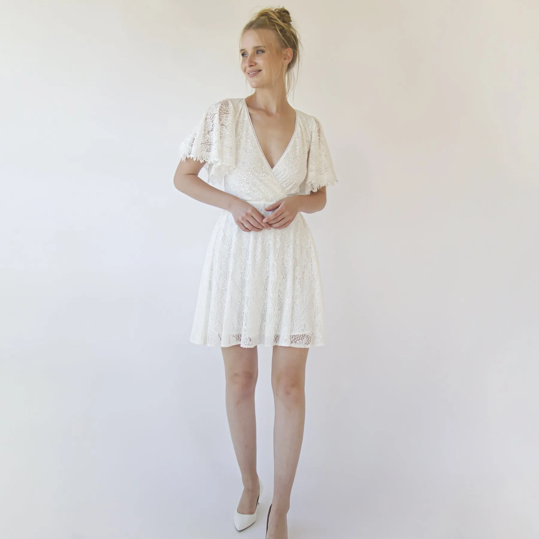 Short lace bohemian wedding dress ,Mini wedding dress #1372