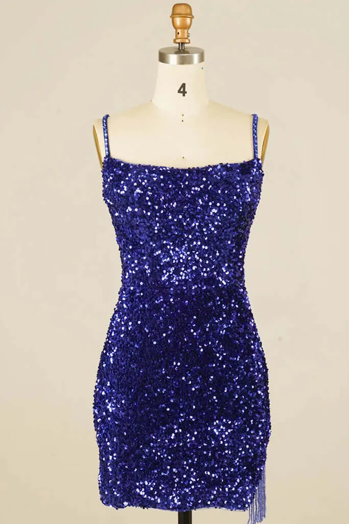 Short Plus Size Sequins Prom Dresses Royal Blue Mermaid Bodycon Spaghetti Straps